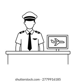 Airline pilot in uniform standing behind counter with airplane on computer screen, ready for flight