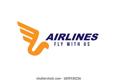 airline or plane logo icon design. Stylized bird with wing and feathers. Concept of flying or speed. Blue and orange color