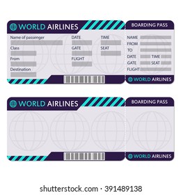 Airline Or Plane Ticket. Boarding Pass Blank And Airplane Ticket Template. Vector Illustration.