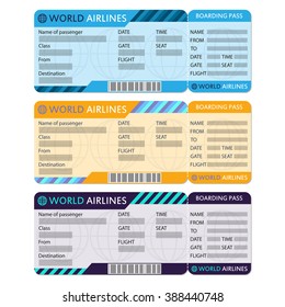 Airline or plane ticket set. Boarding pass blank and airplane ticket template. Colorful vector illustration.