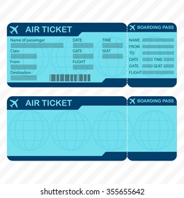 Airline or plane ticket template. Detailed boarding pass blank and airplane ticket. Vector illustration.