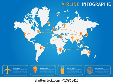 Airline and plane Vector infographic,  World map . it  fly across the globe