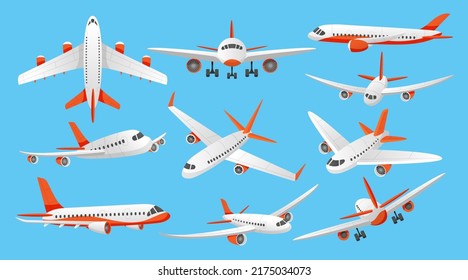 Airline png plane. Isometric aviation top view. Passenger aircraft transportation. Front and side landing. Wing destination of flight jet. Flying airplanes set. Vector illustration