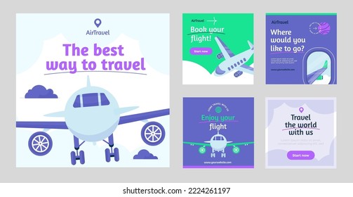 Airline post template, app concept, media banner, trendy plane post, social media pack, online travel, vector illustration