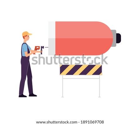 Airline repairman maintenances a plane, flat vector illustration isolated on white background. Aviation technical services to ensure the safety of aircraft flights.