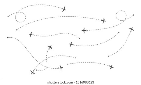 Airline routes. Dotted line air path with icons of airplanes. International flights. Vector illustration