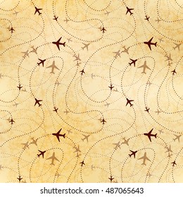 Airline routes, map on old textured paper, seamless pattern