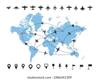 Airline routes on world map. Worldwide air travel dashed line route with plane icon, destination tracks and landing pin points. Flight radar path trajectories, international transportation vector set.