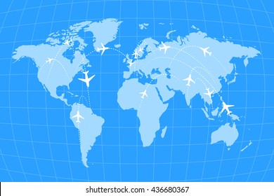 Airline routes on worldwide map, blue and white infographic illustration