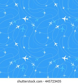 Airline routes with planes icons in blue skies, seamless pattern