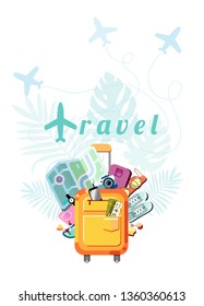 Airline routes, suitcase with phone, map, parfume, hair dryer, ticket, camera, clothes. Leaves monstera and palm backdrop with things necessary traveler. Colorful vector background in flat style.