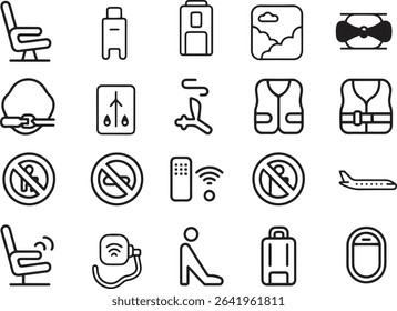 Airline Safety and Comfort Thin Line Icons Set. Seatbelt, Cabin Crew, In-Flight Service. Vector Illustration. Editable Stroke