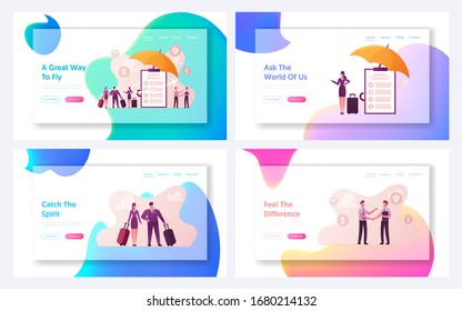 Airline Safety Security, Aviation Insurance, Aircraft Industry Landing Page Template Set. Pilot and Stewardess Characters with Luggage. Clients Money Compensation. Cartoon People Vector Illustration