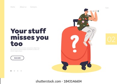 Airline service of finding lost baggage homepage for website template. Landing page design with male passenger sitting on luggage belt with suitcase. Flat vector illustration