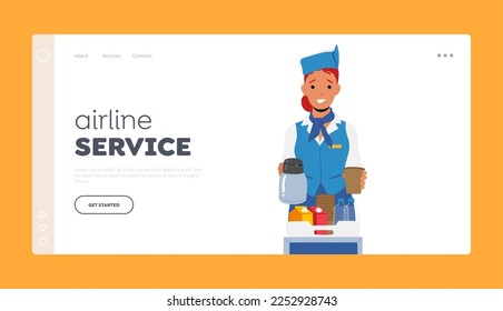 Airline Service Landing Page Template. Stewardess in Blue Uniform with Meals on Tray Serving Passenger. Mealtime in Airplane, Air Hostess Offer Food in Plane. Cartoon People Vector Illustration