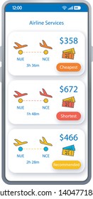 Airline services app smartphone interface vector template. Mobile flight tickets booking app page white design layout. Cheapest, shortest tickets screen. Flat UI last minutes flights application