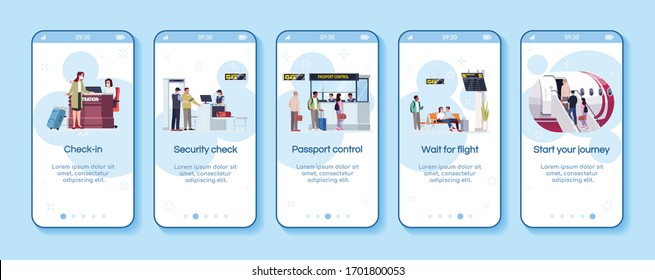 Airline Services Onboarding Mobile App Screen Vector Template. Passport Control And Checkin. Wait For Flight. Walkthrough Website Steps With Flat Characters. Smartphone Cartoon UX, UI, GUI