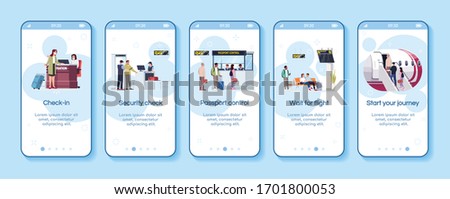 Airline services onboarding mobile app screen vector template. Passport control and checkin. Wait for flight. Walkthrough website steps with flat characters. Smartphone cartoon UX, UI, GUI