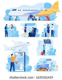 Airline services, people in airport, staff and passengers vector illustration. Set of stickers in modern flat style, cartoon characters in international airport. Flight attendant and pilot in uniform