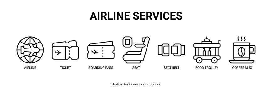 Airline Services web banner icon vector illustration concept for in-flight service and airline passenger experience with icon of airline, ticket, boarding pass, seat, seat belt, food trolley, coffee mug.