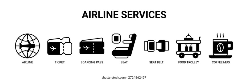 Airline Services web banner icon vector illustration concept for airline passenger services with icon of airline, ticket, boarding pass, seat, seat belt, food trolley, coffee mug.