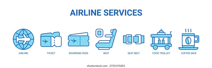 Airline Services web banner icon vector illustration concept for airline passenger services with icon of airline, ticket, boarding pass, seat, seat belt, food trolley, coffee mug.