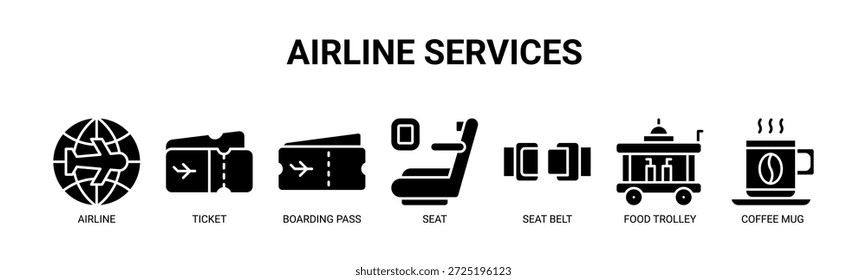 Airline Services web banner icon vector illustration concept for airline passenger services with icon of airline, ticket, boarding pass, seat, seat belt, food trolley, coffee mug.
