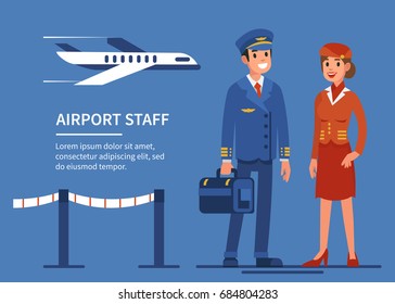 Airline Staff Characters. Pilot And Stewardess. Flat Style Vector Illustration.