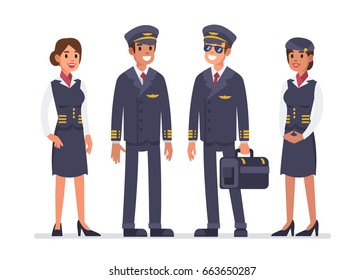 Airline staff characters. Pilots and stewardess. Flat style vector illustration isolated on white background.