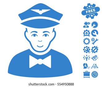 Airline Steward icon with bonus service pictures. Vector illustration style is flat iconic cobalt symbols on white background.