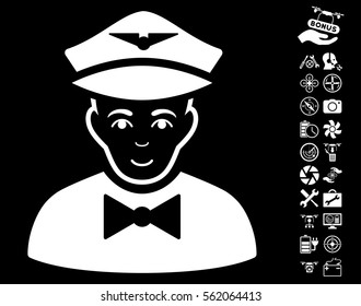 Airline Steward pictograph with bonus airdrone tools icon set. Vector illustration style is flat iconic white symbols on black background.