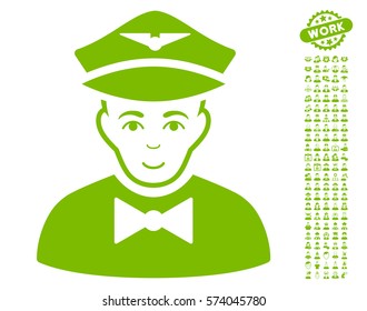 Airline Steward pictograph with bonus human symbols. Vector illustration style is flat iconic eco green symbols on white background.