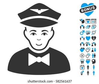 Airline Steward pictograph with bonus love design elements. Vector illustration style is flat iconic blue and gray symbols on white background.