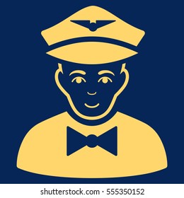Airline Steward vector icon. Flat yellow symbol. Pictogram is isolated on a blue background. Designed for web and software interfaces.