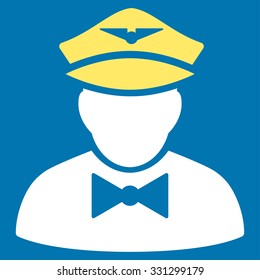 Airline Steward vector icon. Style is flat bicolor yellow and white symbol, rounded angles, blue background.
