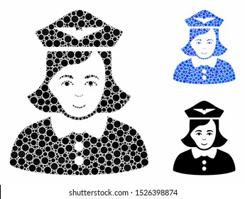 Airline stewardess composition for airline stewardess icon of round dots in variable sizes and color tints. Vector round elements are grouped into blue composition.