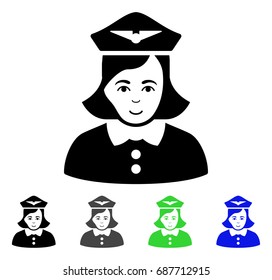 Airline Stewardess flat vector pictograph. Colored airline stewardess gray, black, blue, green pictogram variants. Flat icon style for web design.