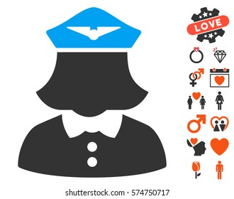 Airline Stewardess icon with bonus romantic clip art. Vector illustration style is flat iconic symbols for web design, app user interfaces.