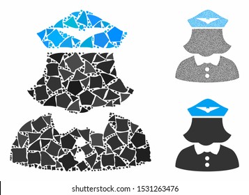 Airline stewardess mosaic of abrupt elements in different sizes and color hues, based on airline stewardess icon. Vector tremulant elements are organized into collage.