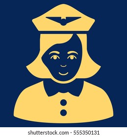 Airline Stewardess vector icon. Flat yellow symbol. Pictogram is isolated on a blue background. Designed for web and software interfaces.