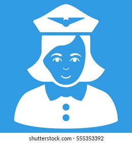Airline Stewardess vector icon. Flat white symbol. Pictogram is isolated on a blue background. Designed for web and software interfaces.