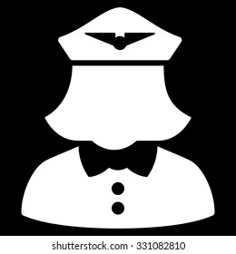 Airline Stewardess vector icon. Style is flat white symbol, rounded angles, black background.