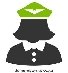 Airline Stewardess vector icon. Style is flat bicolor eco green and gray symbol, rounded angles, white background.