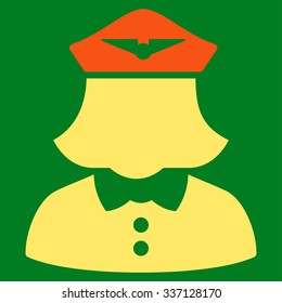 Airline Stewardess vector icon. Style is flat bicolor orange and yellow symbol, rounded angles, green background.