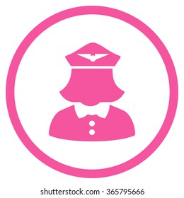 Airline Stewardess vector icon. Style is flat circled symbol, pink color, rounded angles, white background.