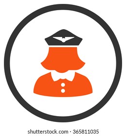 Airline Stewardess vector icon. Style is bicolor flat circled symbol, orange and gray colors, rounded angles, white background.