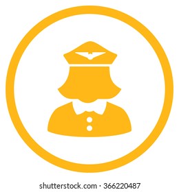 Airline Stewardess vector icon. Style is flat circled symbol, yellow color, rounded angles, white background.