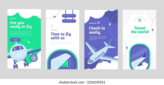 Airline story template, app concept, media beanner, trendy plane post, social media pack, online travel. Vector illustration