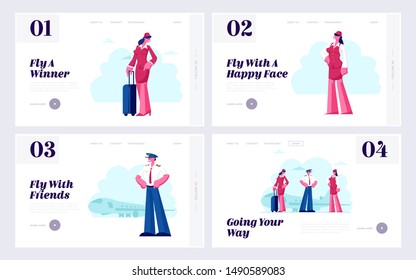 Airline Team Website Landing Page Set. Aviation Aircrew Characters Pilot and Stewardesses in Airport with Jet Plane. Air Hostess Service Concept for Web Page Banner. Cartoon Flat Vector Illustration