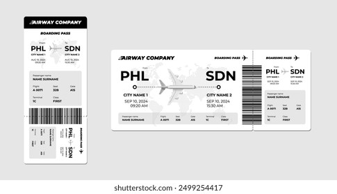 Plantilla de diseño de boletos de avión y tarjetas de embarque de avión. Nombre del pasajero y detalles del vuelo. Vertical de reserva de viajes en vuelo y distribución Horizontal de tarjetas. Documento de la compañía de viajes de avión de negocios